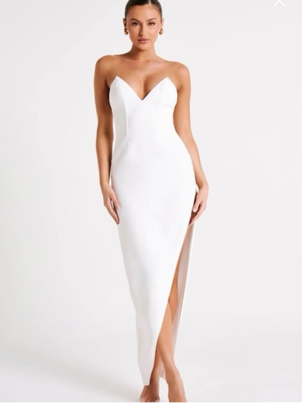 Meshki White Strapless Sweetheart Column Dress with Side Slit
